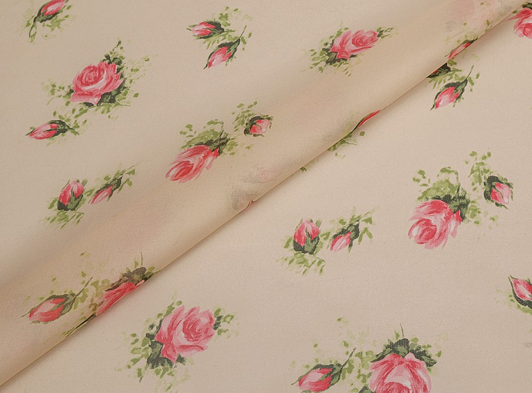 Фото ткани Шелковая органза с розами, цвет - бежевый и цветы
