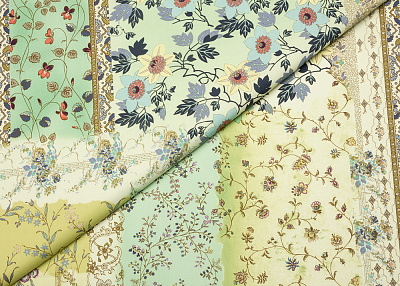 Фото ткани Хлопковая ткань тип Etro, цвет - розовый, зеленый, голубой, цветы