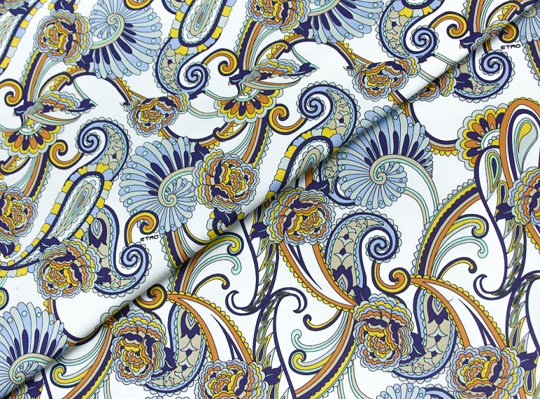 Фото ткани Хлопковая ткань тип Etro с рисунком, цвет - фиолетовый, желтый, белый, голубой, пейсли
