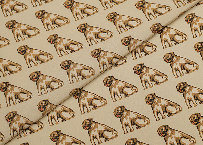 Фото ткани Натуральный шелк тип Valentino с мопсами, цвет - бежевый