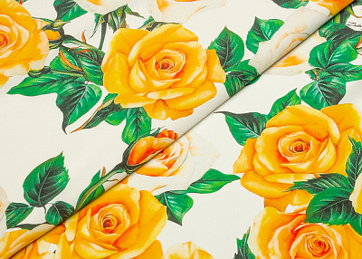 Фото ткани Натуральный шелк тип Dolce&Gabbana, цвет - белый, зеленый, желтый, оранжевый, цветы