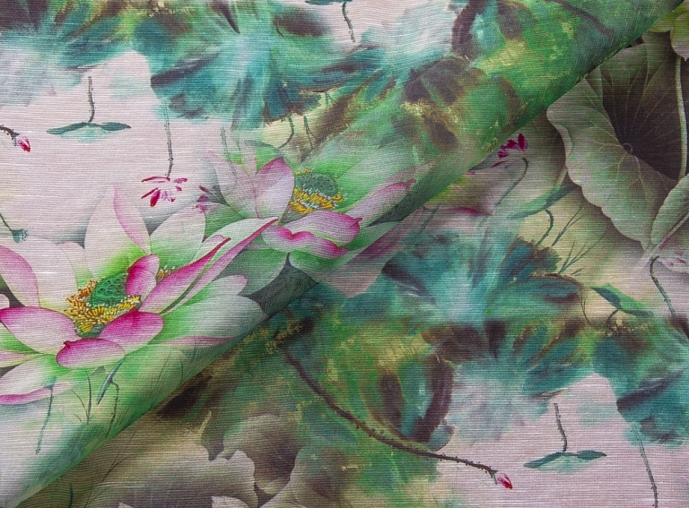 Фото ткани Шелк со льном с рисунком, цвет - зеленый
