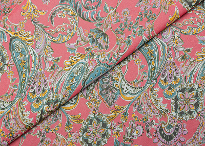 Фото ткани Шифон тип Etro, цвет - коралловый, розовый, желтый, синий, пейсли