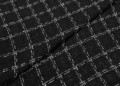 Фото ткани Хлопковый твид тип Chanel с блеском, цвет - белый, черный, клетка