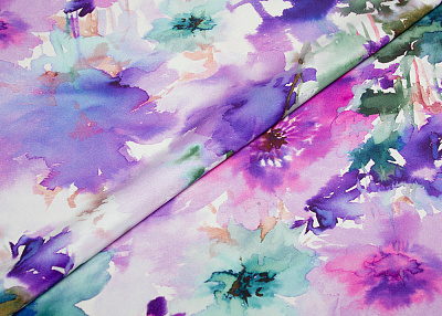 Фото ткани Шелк кади, цвет - фиолетовый, белый, зеленый, сиреневый, фуксия, цветы