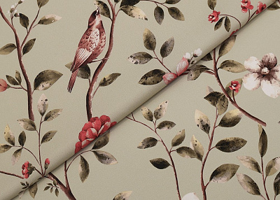 Фото ткани Натуральный шелк с птицами, цвет - зеленый