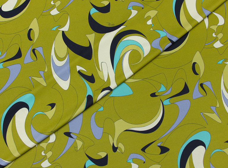 Фото ткани Трикотаж тип Pucci с рисунком, цвет - оливковый