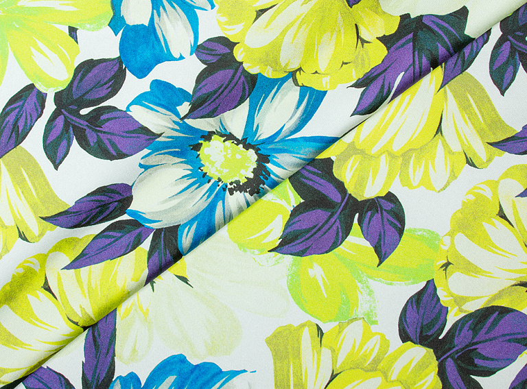 Фото ткани Твиловый шелк, цвет - фиолетовый, желтый, зеленый, бирюзовый, молочный, цветы