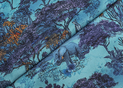 Фото ткани Льняная ткань тип Dior с рисунком Туаль-де-Жуи, цвет - бирюзовый