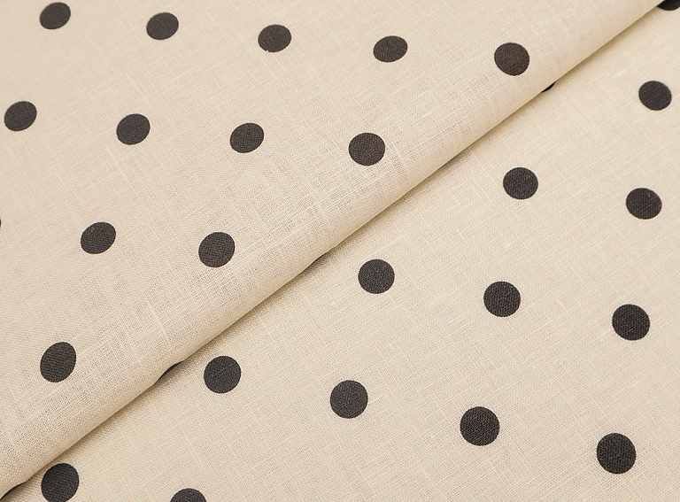 Фото ткани Льняная ткань в черный горох, цвет - сливочный