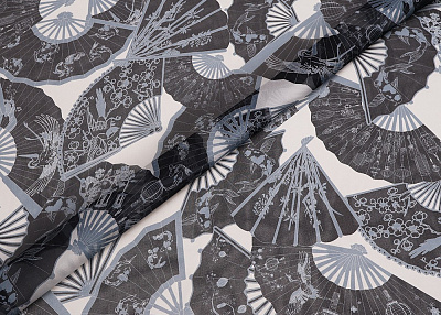 Фото ткани Шифон с веером, цвет - синий на белом фоне