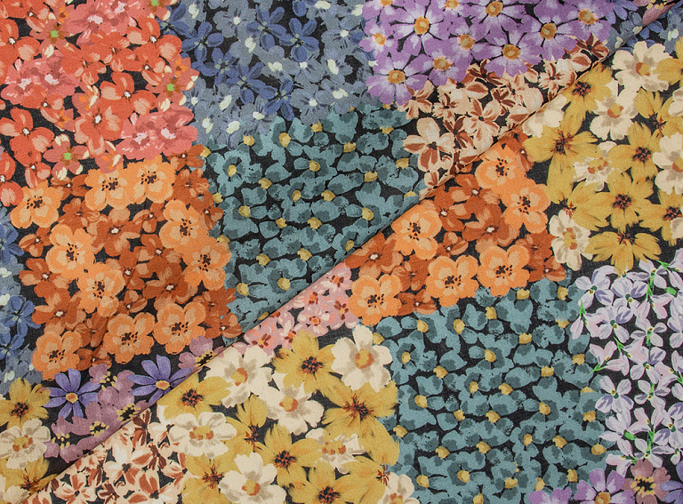 Фото ткани Батист, цвет - желтый, синий, красный, бирюзовый, сиреневый, цветы