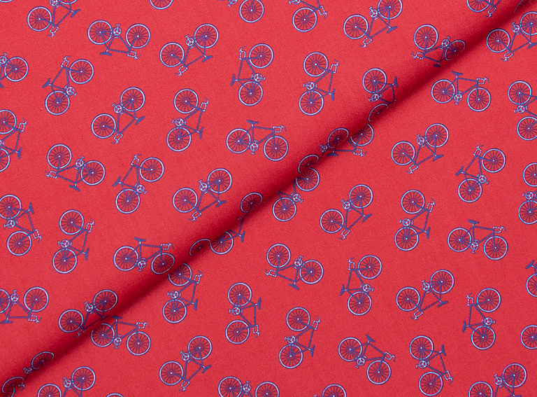 Фото ткани Хлопковая ткань с рисунком, цвет - синий, розовый, красный, велосипеды