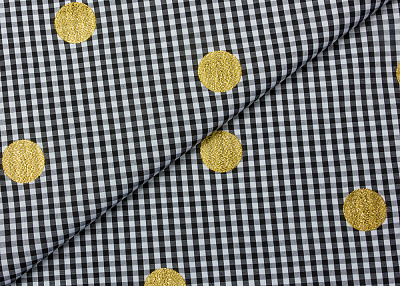 Фото ткани Хлопковая ткань с люрексом, цвет - белый, черный, золотой, клетка, горох