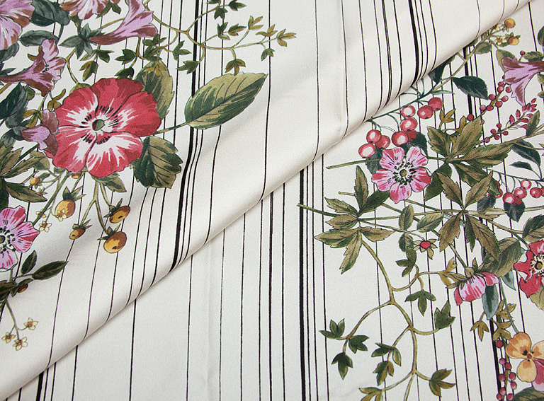 Фото ткани Твиловый шелк, цвет - розовый, зеленый, полоска, айвори, цветы