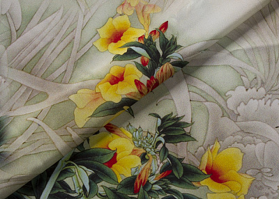 Фото ткани Натуральный шелк с рисунком, цвет - желтый и зеленый