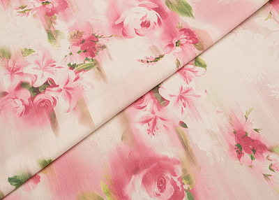 Фото ткани Джинса хлопковая с цветами, цвет - розовый