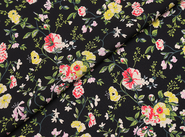 Фото ткани Натуральный шелк тип Valentino с цветами, цвет - черный