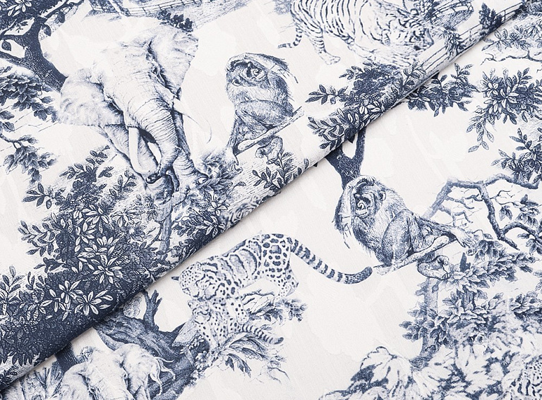 Фото ткани Хлопковый батист тип Dior с рисунком Туаль-де-Жуи, цвет - синий, белый, жемчужный
