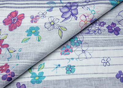 Фото ткани Льняная ткань тип Etro, цвет - синий, белый, бирюзовый, сиреневый, полоска, цветы