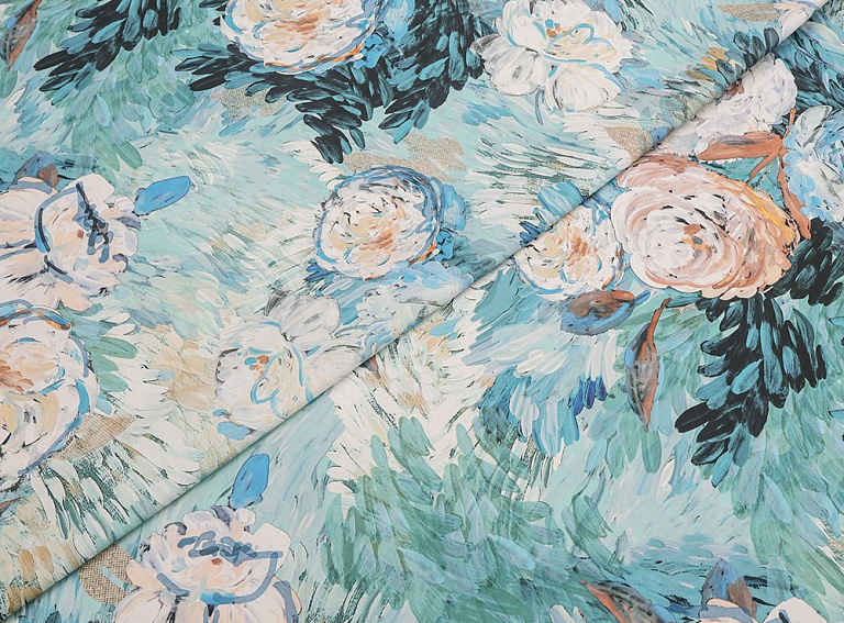 Фото ткани Натуральный хлопокс цветами, цвет - бирюзово-голубой