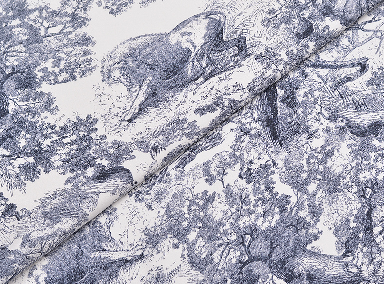 Фото ткани Натуральный шелк тип Dior с принтом Туаль-де-Жуи, цвет - синий, белый