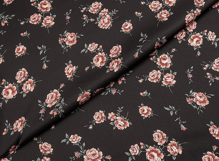 Фото ткани Натуральный шелк с мелкими розами, цвет - черный