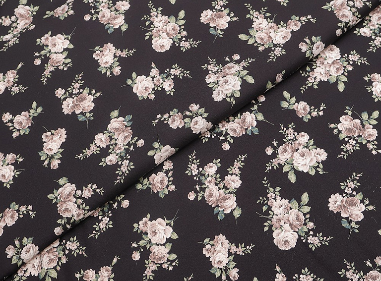 Фото ткани Натуральный шелк с мелкими розами, цвет - черный