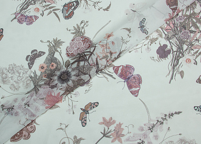 Фото ткани Шифон, цвет - молочный, бордовый, розовый, серый, бабочки, цветы 