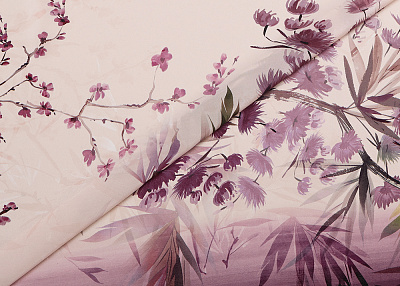 Фото ткани Натуральный шелк с цветами, цвет - пудра, фиолетовый