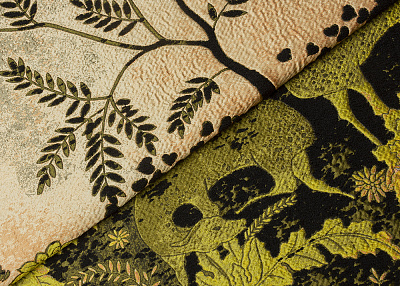 Фото ткани Гобелен с рисунком, цвет - зеленый, пудра, черный, животные