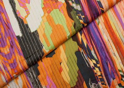 Фото ткани Хлопковая ткань тип Etro, цвет - коричневый, зеленый, черный, оранжевый, полоска