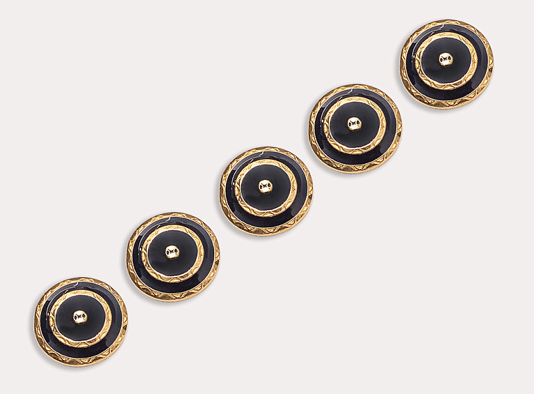 Фото ткани Пуговица круглая металлическая, цвет - черный и золотой