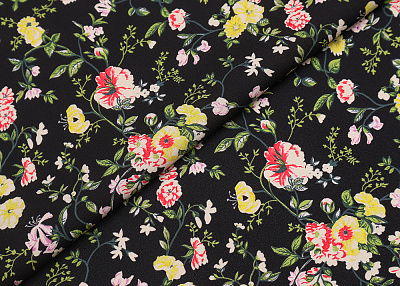 Фото ткани Натуральный шелк тип Valentino с цветами, цвет - черный