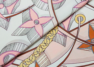 Фото ткани Натуральный шелк тип Louis Vuitton (купон), цвет - молочный, розовый, рисунок