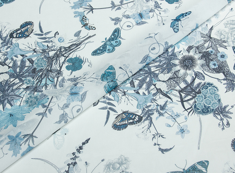 Фото ткани Шифон, цвет - молочный, бирюзовый, синий, серый, бабочки, цветы 