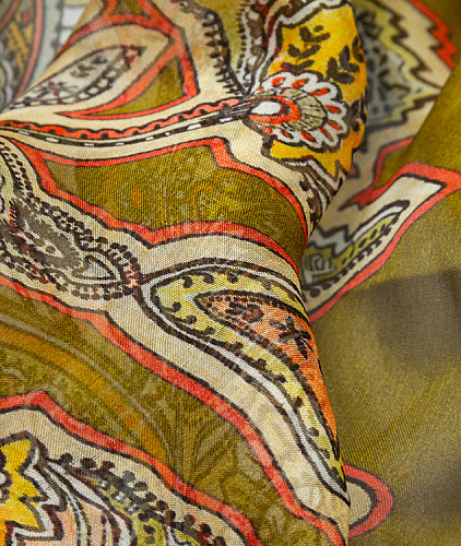 Шифон с рисунком (купон) тип Etro, цвет - хаки, пейсли. Изображение 4